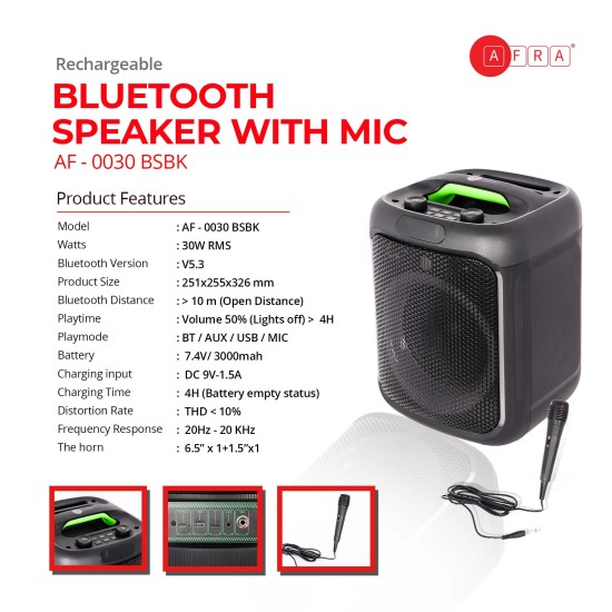 AFRA Bluetooth Speaker, 30 Watts, Black, Plastic Body, Ultra Bass, 7.4V/3000mah Rechargeable Battery, RGB lighting, AF-0030BSBK, 2 Years Warranty.