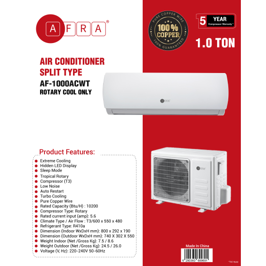 AFRA 1.0 Ton Wall Mount Split Air Conditioner Cooling Only Rotary R410a T3 White, AF-1000ACWT, 5 year compressor warranty. 