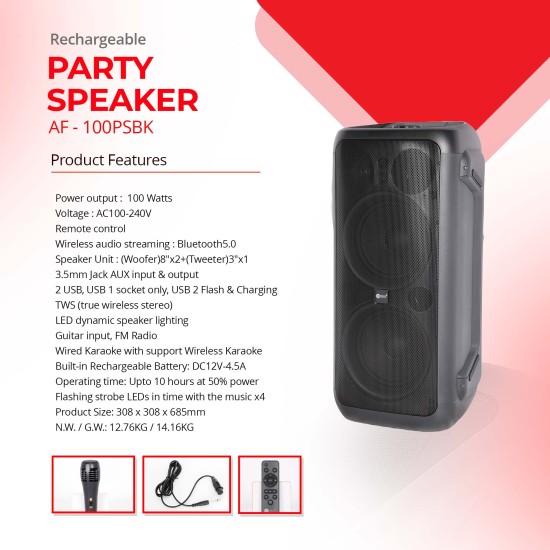 AFRA Party Speaker, 100 Watts, 12.76kg, Black, 4500Ma Battery, Side Handle and Wheels, With Remote Control, AF-100PSBK, ESMA Approved, 2 Years Warranty