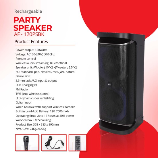 AFRA Party Speaker, 120 Watts, 24kg, Black, 7000Ma Battery, Karaoke Mic, LED Speaker Lighting, AF-120PSBK, ESMA Approved, 2 Years Warranty