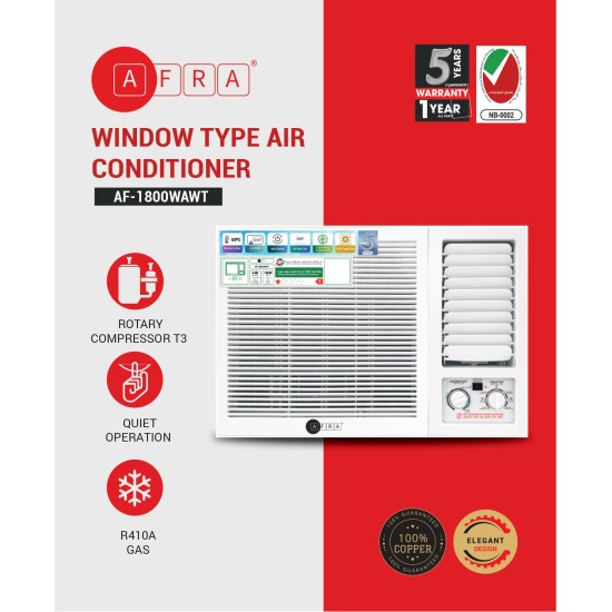 AFRA 1.5 Ton Window Air Conditioner Cooling Only Rotary R410a T3 White, AF-1800WAWT, 5 year compressor warranty