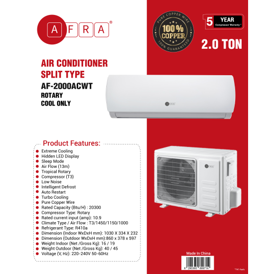 AFRA 2.0 Ton Wall Mount Split Air Conditioner Cooling Only Rotary R410a T3 White, AF-2000ACWT, 5 year compressor warranty. 