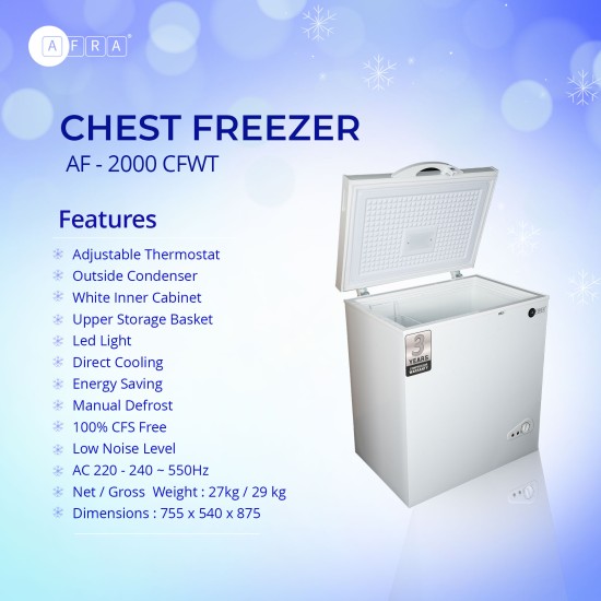 AFRA Chest Freezer, 200L Gross Capacity, White, Energy Saving, Low Noise, ESMA Approved,  AF-2000CFWT, 2 Years Warranty