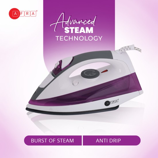 AFRA Steam Iron, 430ml, White and Purple, Ceramic Coated Soleplate, Vertical Steam, ESMA Approved, AF-2200IRWP, 2 Years Warranty