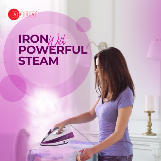 AFRA Steam Iron, 430ml, White and Purple, Ceramic Coated Soleplate, Vertical Steam, ESMA Approved, AF-2200IRWP, 2 Years Warranty