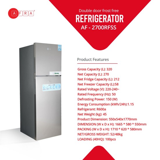 AFRA Refrigerator, Double Door, 320L Capacity, 52kg, Frost Free, With Fresh Zone Compartment, Multi-Flow Cooling Performance, With Optional Ice Maker, G-Mark, ESMA, RoHS, CB, 2 Years Warranty.