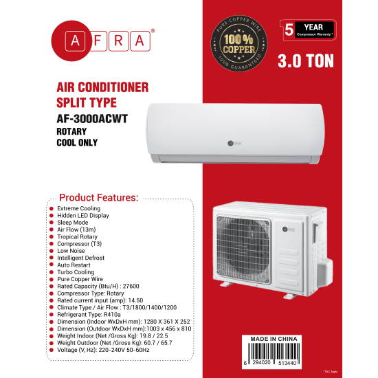 AFRA 3.0 Ton Wall Mount Split Air Conditioner Cooling Only Rotary R410a T3 White, AF-3000ACWT, 5 year compressor warranty. 