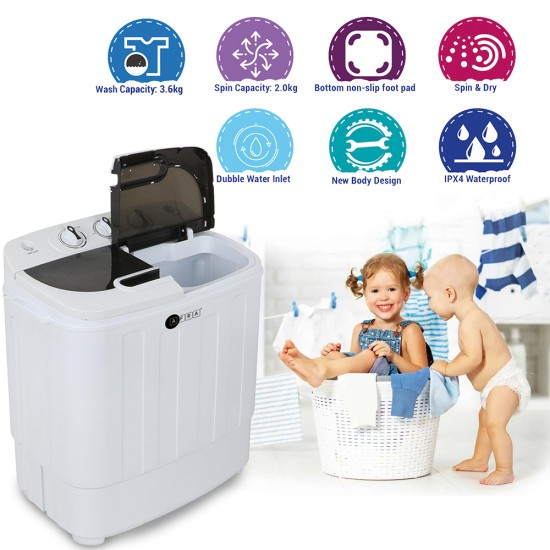 AFRA Baby Washing Machine, 3.6kg Capacity, 220-240V, 50-60Hz, Non-Slip Foot Pad, Elution Separation, Compact Size, Spin and Dry, AF-3624BWTT, 1 Year Warranty.