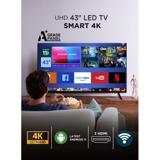 AFRA 43-inch Smart 4K UHD TV, Frameless, LED, Android 11, HDMI, USB, VGA, PC & Game Console Connection, Streaming, Netflix, Hulu, YouTube, Prime Video, AF-43114KBK, 2 Years Warranty.