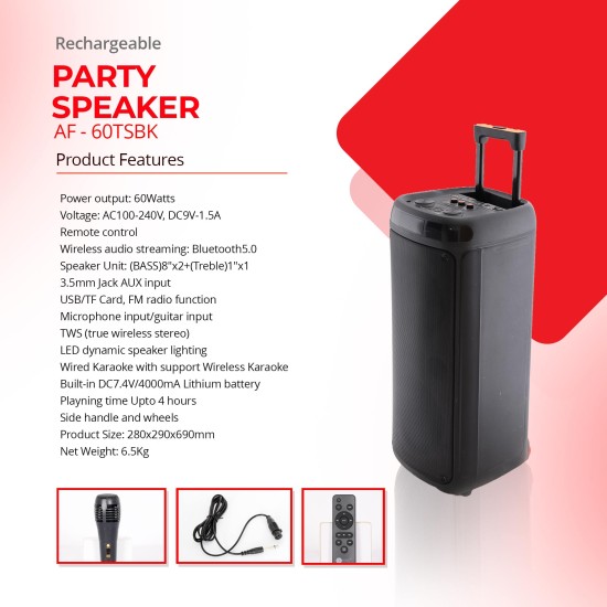 AFRA Trolley Speaker, 60 Watts, 6.5kg, Black, 4000Ma Battery, Dual Speakers, True Wireless Stereo, AF-60TSBK, 2 Years Warranty