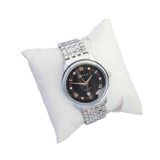 AFRA RADIANT LADIES WATCH SILVER CASE BLACK DIAL SILVER BRACELET