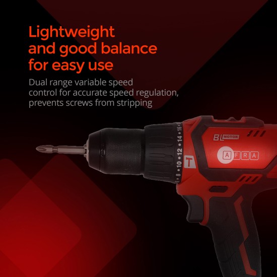 AFRA Cordless Brushless Driver/Hammer Drill, 20V MAX 13MM, 550-2000r/Min No-Load Speed, 60N.M Torque, 22+2 Torque Settings, Mechanical 2-Speed Gear, AFT-13-20CDRD, 1-Year Warranty