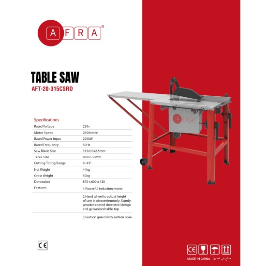 AFRA Table Saw, 315MM, 2000W, 2800r/Min 800x550mm Table, 0~45° Tilting Range, Induction Motor, Hand Wheel, Powder-Coated Sheet Steel Design, Galvanized top, AFT-20-315TSRD, 1-Year Warranty.