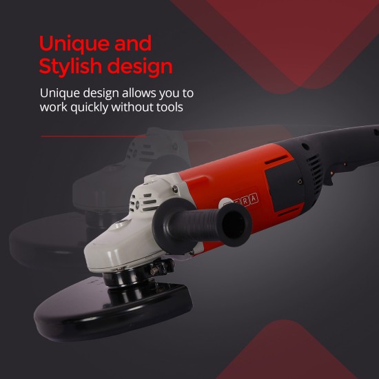 AFRA Angle Grinder, 230MM, 2200W (Soft Start), 6600r/Min No-Load Speed, 230mm Max Wheel Diameter, Spindle Lock, Large Trigger Switch. Soft Start Function, AFT-22-230AGRD, 1-Year Warranty.