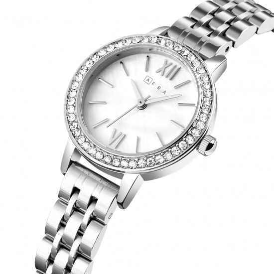 AFRA Ornate Lady’s Watch, Silver Metal Alloy Case, Silver Bracelet Strap, Water Resistant 30m