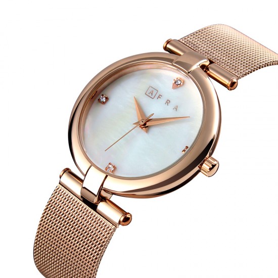 AFRA Pearlescent Lady’s Watch, Rose Gold Metal Case, White Dial and Mesh Bracelet Strap, Water Resistant 30m