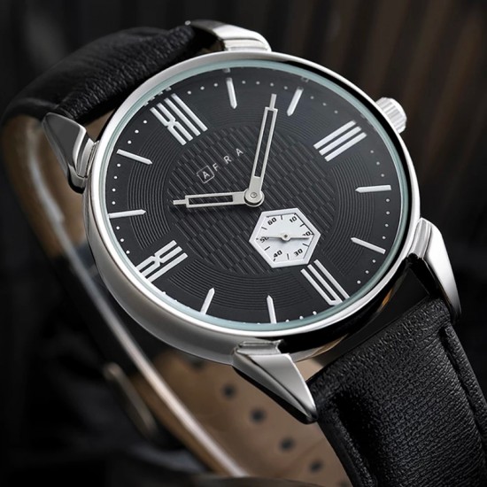 AFRA Moment Gentleman’s Watch, Japanese Design, Silver Metal Case, Black Dial, Water Resistant 30m