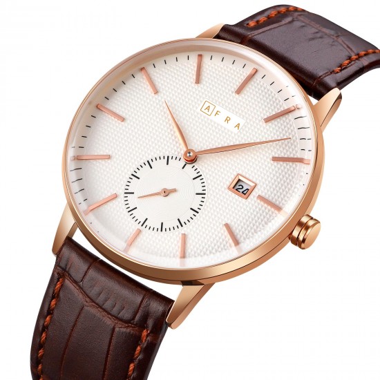 AFRA Radius Gentleman’s Watch, Lightweight Rose Gold Metal Case, Brown Leather Strap, White Dial, Water Resistant 30m